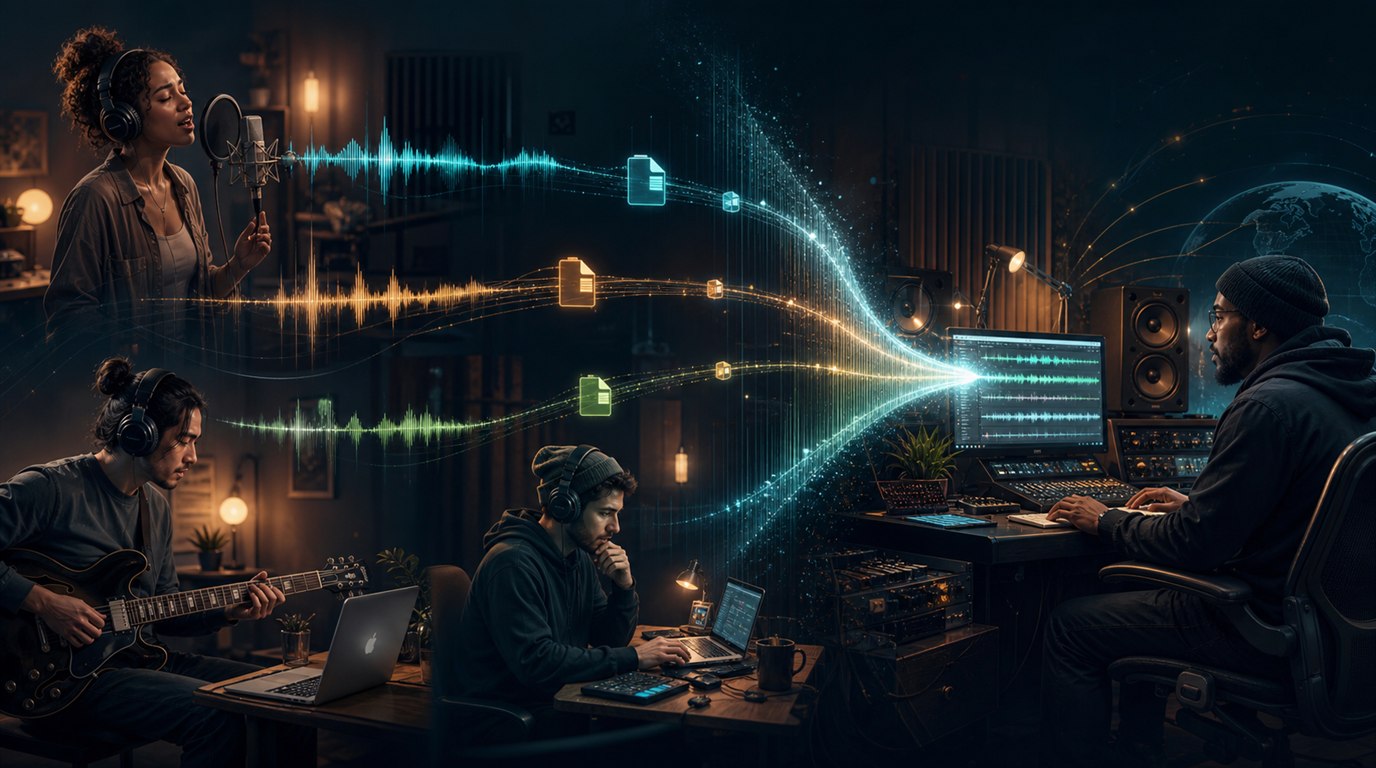 Remote music creators connected by glowing audio waveforms and shared project files