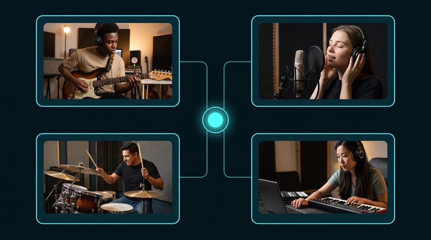Musicians in separate studios connected by flowing digital audio waveforms
